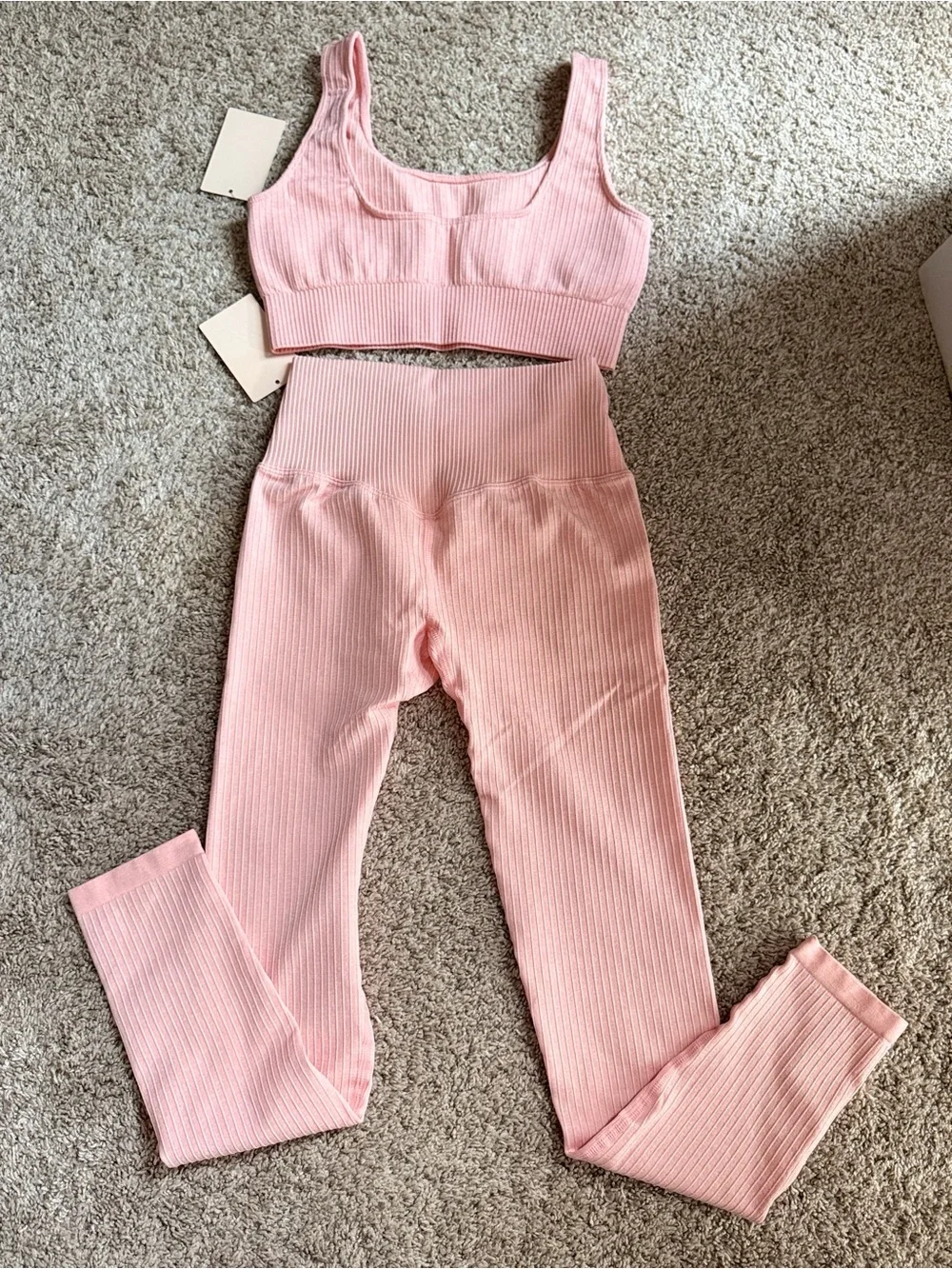 NWT Berlin & Daughter Pink Ribbed 2 Piece Leggings Crop Top Set S